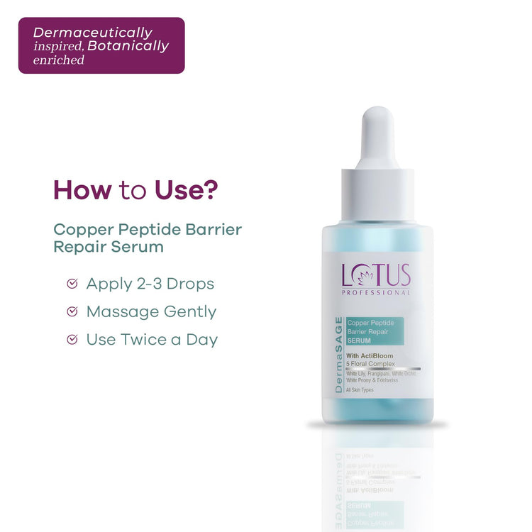 Lotus Professional DermaSAGE Copper Peptide Barrier Repair Serum 24-hour Lock-in Moisture for Skin Regeneration and Collagen Production | All Skin Types | 28ml