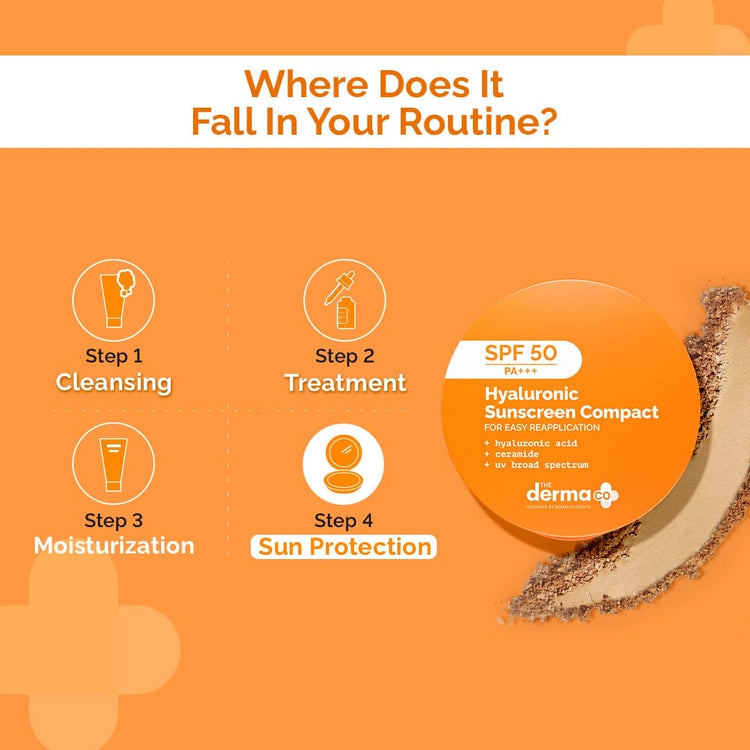 The Derma Co Hyaluronic Sunscreen Compact Powder SPF 50 PA+++ with Ceramides | Matte Finish | Even Skin Tone | Oil Control | Non sticky - 7g