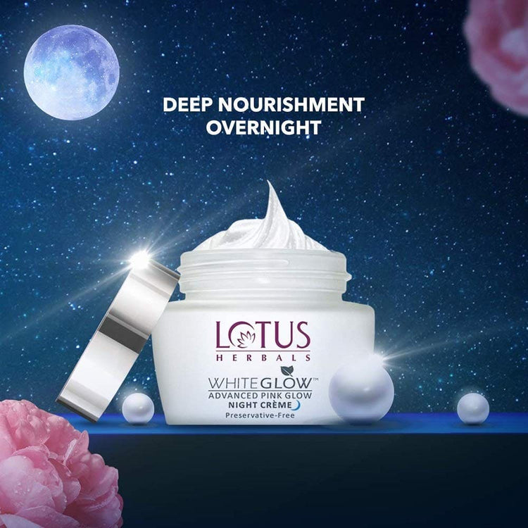 Lotus Herbals Whiteglow Advanced Pink Glow Night Cream | Intense Hydration | Preservative Free | For All Skin Types | 50g