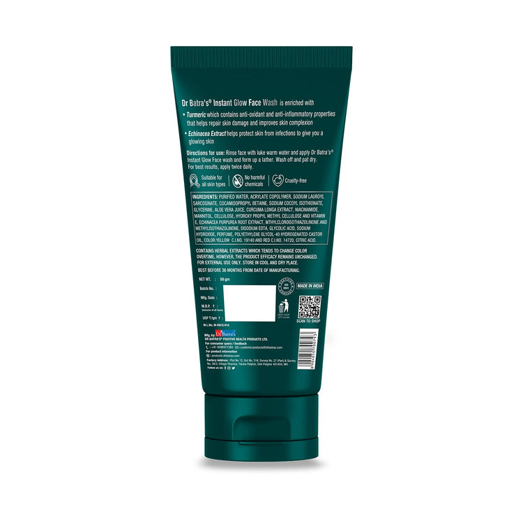 Dr Batra's Instant Glow Face Wash, Enriched with Echinacea & Turmeric, Repairs Skin Damage, Prevents infections, Face Wash for Skin Complexion & Glowing skin, Paraben & Silicone free(100g)