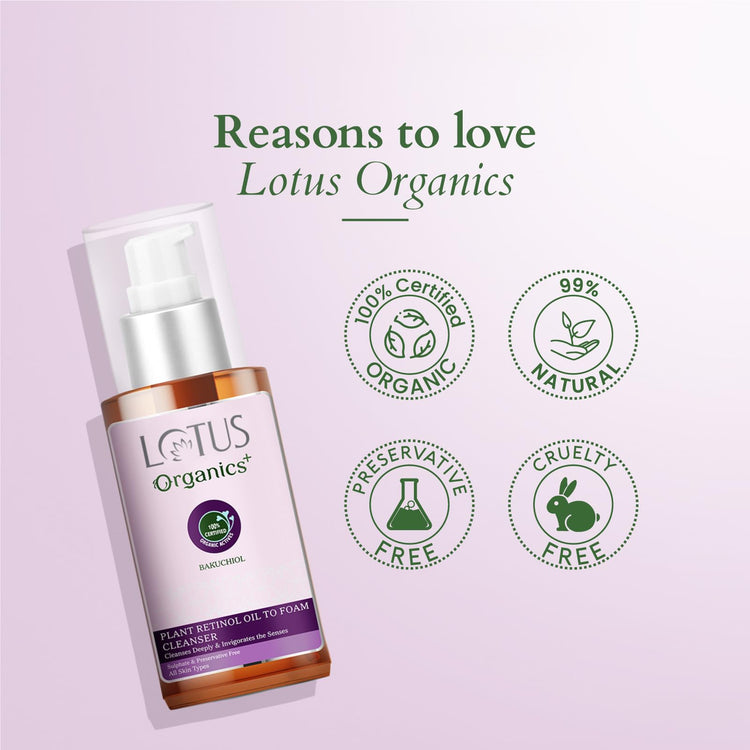 Lotus Organics+ Bakuchiol Plant Retinol Oil to Foam Cleanser | Reduces Fine Lines & Wrinkles | Anti-Ageing | 100% Certified Organic Bakuchiol | All Skin Types | 100ml