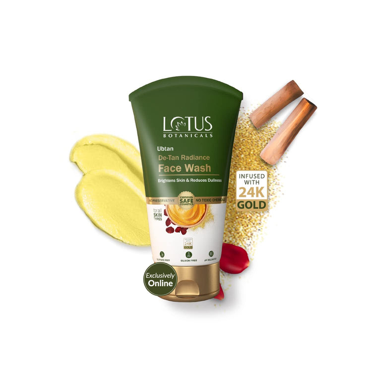 Lotus Botanicals Ubtan De-Tan Radiance Face Wash | Infused with 24K Gold | Bright & Glowing Skin | Removes Tan | No Silicon, No Sulphates, No Parabens, Non-Comedogenic, No Preservatives, No Toxic Chemicals | 100ml