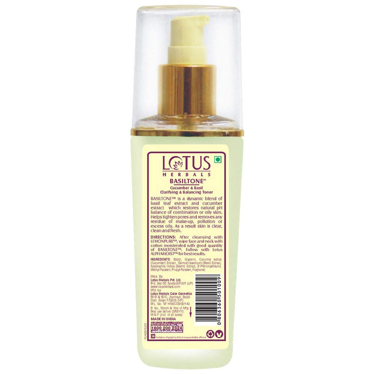 Lotus Herbals Basiltone Clarifying & Balancing Skin Toner Liquid| With Cucumber & Basil oil| For Combination & Oily Skin | 100ml
