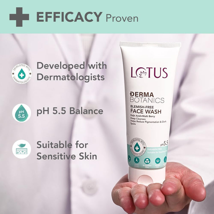Lotus DermaBotanics Kojic Acid + Multi Berry Blemish - Free Face Wash | Reduces Pigmentation, Acne & Dark Spots | Made with Dermatologists, pH 5.5 | Non-irritating | Suitable for Sensitive Skin | 100g