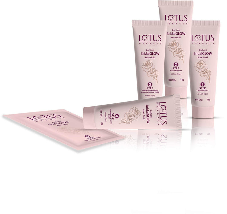 Lotus Herbals Radiant BridalGLOW Rose Gold Skin Illuminating Facial Kit | 5 Easy Steps | Paraben Free | Salon Grade | All Skin Types | Pack of 4 | 228g