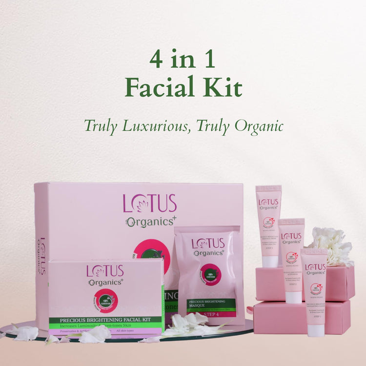 Lotus Organics+ Precious Brightening Facial Kit | With 4 Steps to Bright and Glowing Skin | Made With Organic Ingredients | Facial Kit for Men & Women | Suitable for All Skin Types