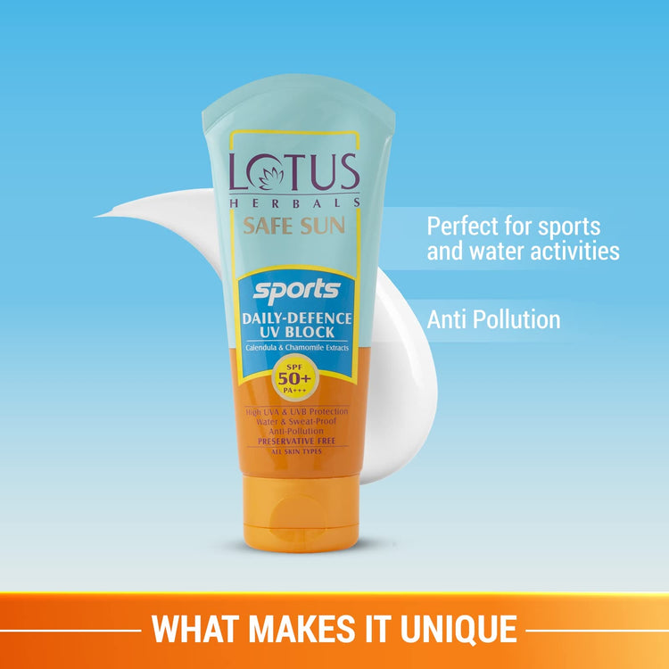 Lotus Herbals Safe Sun Sports Daily-Defence Sunblock for All Skin Types| SPF 50 | PA+++ | Preservative Free | Anti-Pollution | 40g