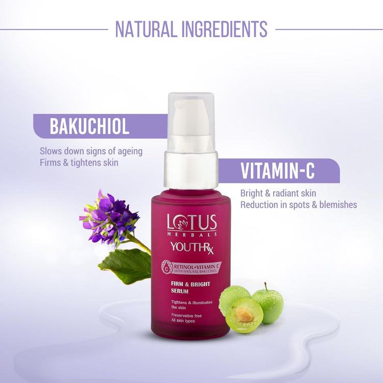 Lotus Herbals YouthRx Firm & Bright Face Serum | Bakuchiol Retinol & Vitamin C | Anti Ageing & Brightening | 30ml