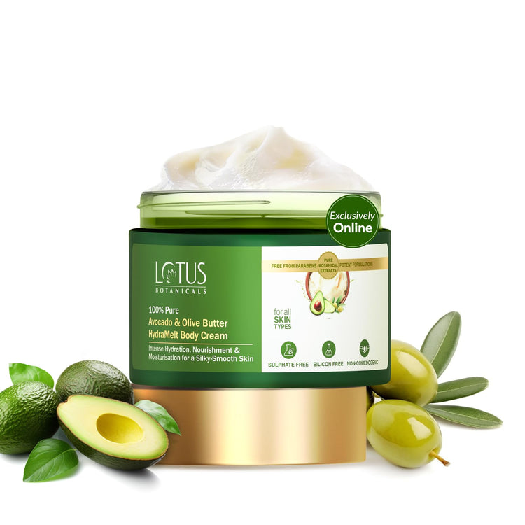 Lotus Botanicals 100% Pure Avocado & Olive Butter HydraMelt Body Cream | Deeply Moisturizes Dry Skin Smooth & Nourished Skin | Repairs Damaged Skin | No Toxic Chemicals | No Sulphates | No Silicones | No Parabens | Suitable for All Skin Types | 200g