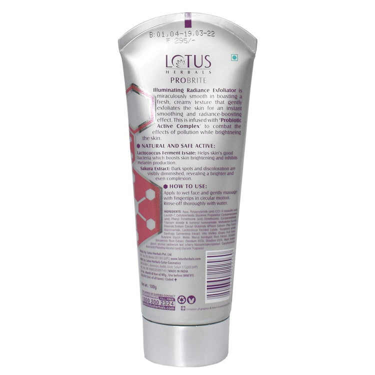 Lotus Herbals Probrite Illuminating Radiance Exfoliator | Softens Skin | Preservative Free | Sulphate Free | For All Skin Types | 100g