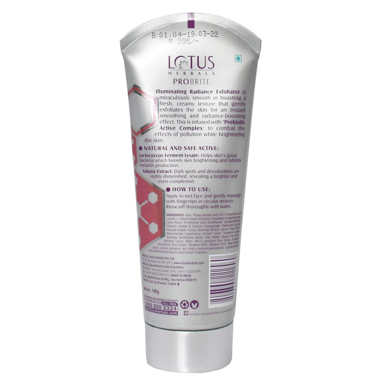 Lotus Herbals Probrite Illuminating Radiance Exfoliator | Softens Skin | Preservative Free | Sulphate Free | For All Skin Types | 100g