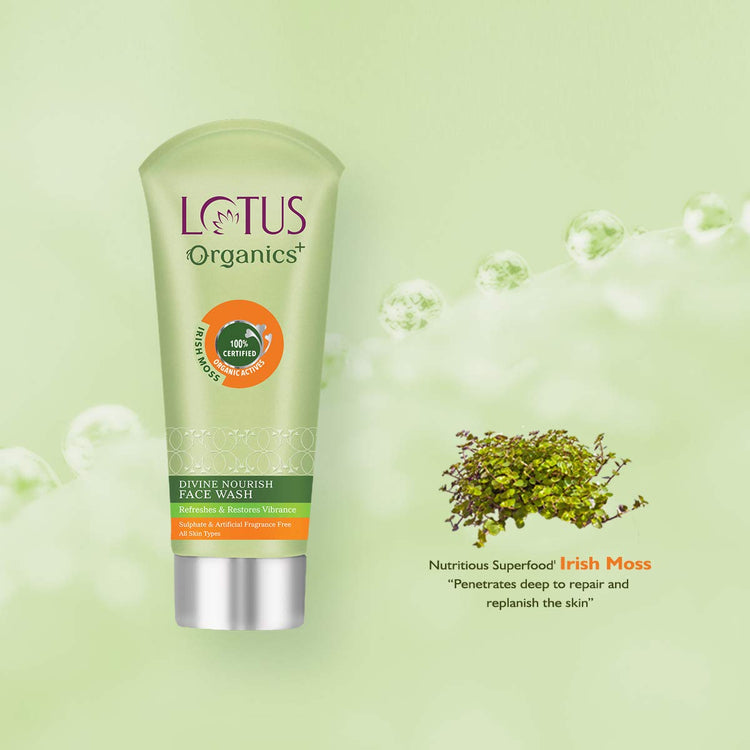 Lotus Organics+ Divine Nourish Face Wash | Sulphate Free | Gentle Cleaning | 100% Certified Organic Irish Moss | All Skin Types | 100 ml