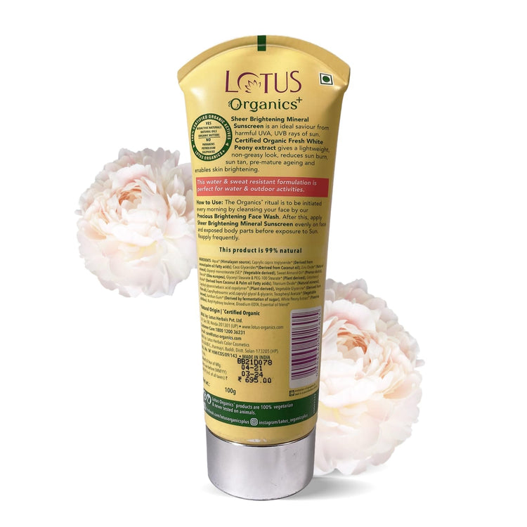 Lotus Organics+ Sheer Brightening Mineral Sunscreen | Non Greasy & Lightweight | SPF 50 | PA+++ | 100% Certified Organic White Peony | Fights Tanning & Pigmentation | All Skin Types | 100g