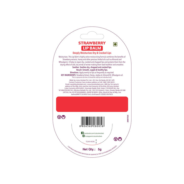 Lotus Herbals Lip Balm - Strawberry | For Dry & Cracked Lips | 5g