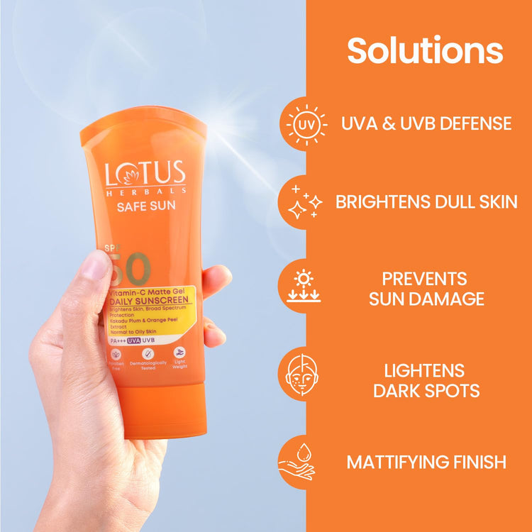 Lotus Herbals Safe Sun Vitamin C Matte Gel Daily Sunscreen | SPF 50 | PA+++ | Paraben Free | Dermatologically Tested | Anti Pollution | Normal / Oily Skin | 100g