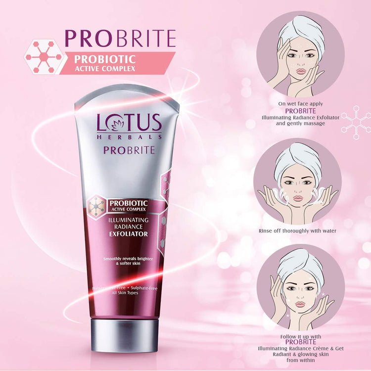 Lotus Herbals Probrite Illuminating Radiance Exfoliator | Softens Skin | Preservative Free | Sulphate Free | For All Skin Types | 100g
