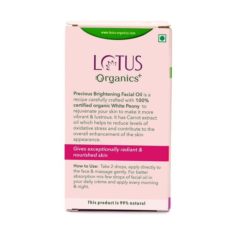 Lotus Organics+ Precious Brightening Face Oil | 100% Certified Organic White Peony | Reverses Sun-damage & Calms Irritated Skin | Sulphate & Paraben Free | All Skin Types | 15ml