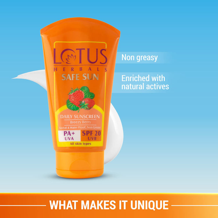 Lotus Herbals Safe Sun Sunscreen Cream - Breezy Berry SPF 20 PA+| Sweat & Waterproof, Non-Greasy| Berry extract| | All skin types| 100gm