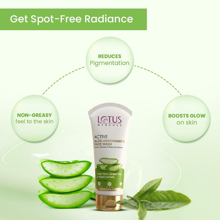 Lotus Herbals Active Aloe + Niacinamide Face Wash | Gently Cleanses | Reduce Dullness | Sulphate Free | All Skin Types | 100gm