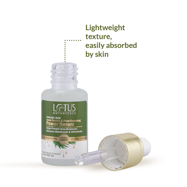 Lotus Botanicals Salicylic Acid & Tea Tree Acne Control & Pore Cleansing Power Serum | All Skin type|Paraben & Sulphate Free| 14ml