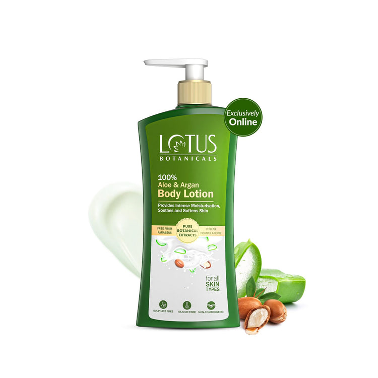 Lotus Botanicals 100% Aloe & Argan Body Lotion | Deeply moisturizes dry skin Smooth & Nourished Skin| Repairs Damaged Skin |No Parabens |All Skin Types |280 ml