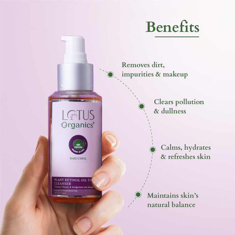 Lotus Organics+ Bakuchiol Plant Retinol Oil to Foam Cleanser | Reduces Fine Lines & Wrinkles | Anti-Ageing | 100% Certified Organic Bakuchiol | All Skin Types | 100ml