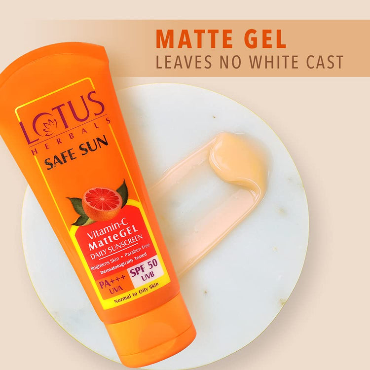 Lotus Herbals Safe Sun Vitamin C Matte Gel Daily Sunscreen | SPF 50 | PA+++ | Paraben Free | Dermatologically Tested | Anti Pollution | Normal/Oily Skin | 75g