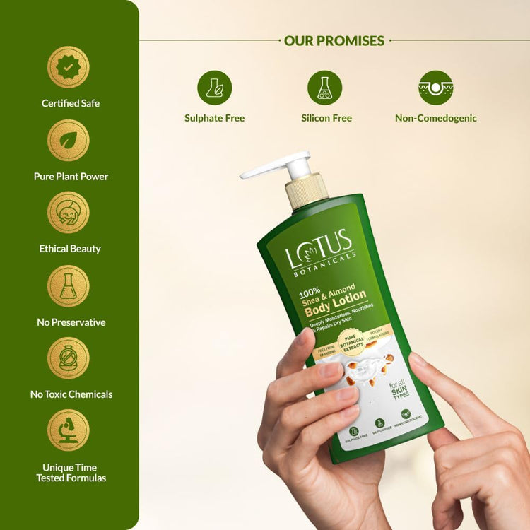 Lotus Botanicals 100% Shea & Almond Body Lotion | Deeply moisturizes dry skin|Smooth & Nourished Skin|Repairs Damaged Skin| No Parabens |All Skin Types | 280 ml