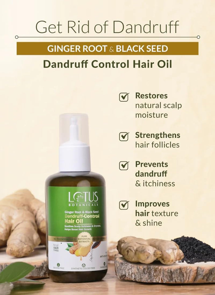 Lotus Botanicals Ginger Root & Black Seed Dandruff-Control Hair Oil | Soothes Scalp Itchinesss & Dryness | Helps Boost Hair Growth | Rich In Anti-Oxidants | Suitable For All Hair Types | 100 ml
