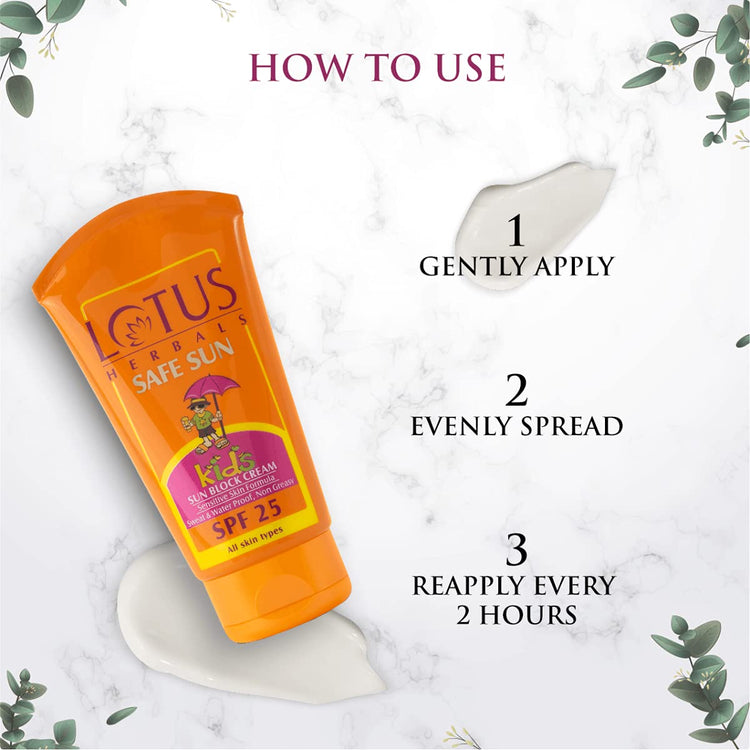 Lotus Herbals Safe Sun Kids Sunblock Cream SPF 25, Sensitive Skin Formula, Sweat & Waterproof Sunscreen, 100g
