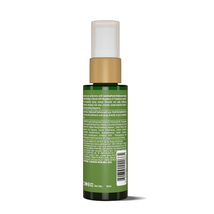 Lotus Botanicals LuminaFresh Underarm Spray Serum with Raspberry and Strawberry | Brighten Underarms and Control Sweat-Induced Odour | Antiperspirant properties | Suitable for Men & Women | Alcohol-free | Non-Aerosol | Suitable for All Skin Types | 55ml