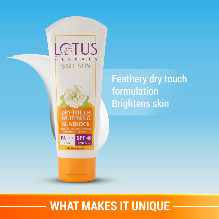 Lotus Herbals Safe Sun Dry-Touch Whitening Sunblock | Matte Texture | SPF 40 | PA+++ | Preservative Free | 50g