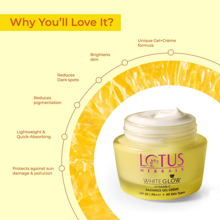 Lotus Herbals WhiteGlow Vitamin C Gel Crème | Reduces Dark Spots | Unique Gel + Crème Formula | 100x More Vitamin C | Boosts Radiance | SPF 20 PA+++ | Paraben-Free | 50g