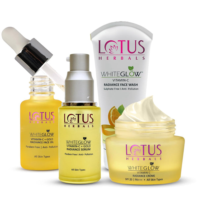 Lotus Herbals WhiteGlow Vitamin C and Gold Radiance Face Wash(100g) + Face Oil(15ml) + Face Cream(50g) + Face Serum(30ml) | 195g