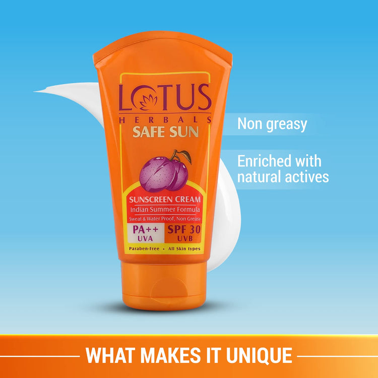 Lotus Herbals Safe Sun Sunscreen Cream , Black Plum Extract| Suitable For Indian Summer Formula | SPF 30 and PA++ | Non-Greasy | For Oily, Combination, Acne Prone & Normal Skin| Lightweight, Sweat & Water Resistant | For Women & Men | 50g