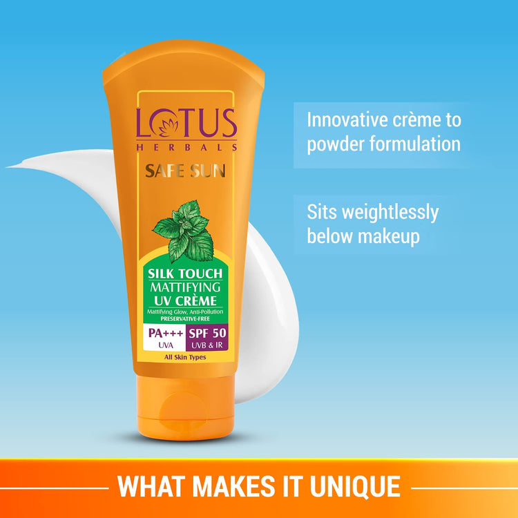 Lotus Herbals Safe Sun Silk Touch Mattifying Uv All Skin Screen Creme Spf 50| Pa+++, 75 G