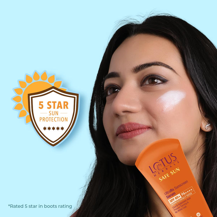 Lotus Herbals UltraRx Sunscreen Serum SPF 60+ PA++++ | No White Cast | No Breakouts | Cica & Hyaluronic | Dermatologically Tested | 75gm