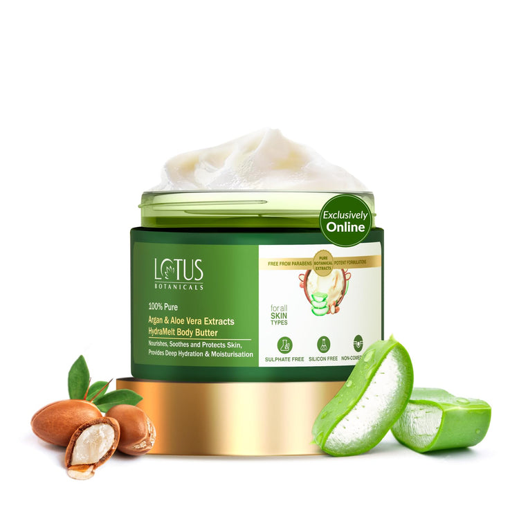 Lotus Botanicals 100% Pure Argan & Aloe Vera Extracts HydraMelt Body Butter | Deeply Moisturizes Dry Skin | Smooth & Nourished Skin | Repairs Damaged Skin | No Toxic Chemicals, No Sulphates, No Silicone, No Parabens | Suitable for All Skin Types | 200g