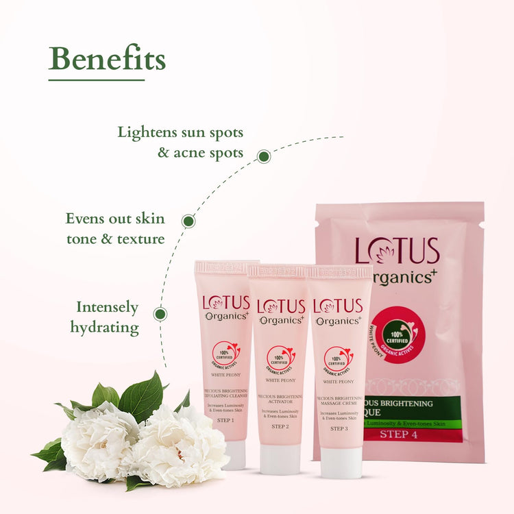 Lotus Organics+ Precious Brightening Facial Kit | With 4 Steps to Bright and Glowing Skin | Made With Organic Ingredients | Facial Kit for Men & Women | Suitable for All Skin Types