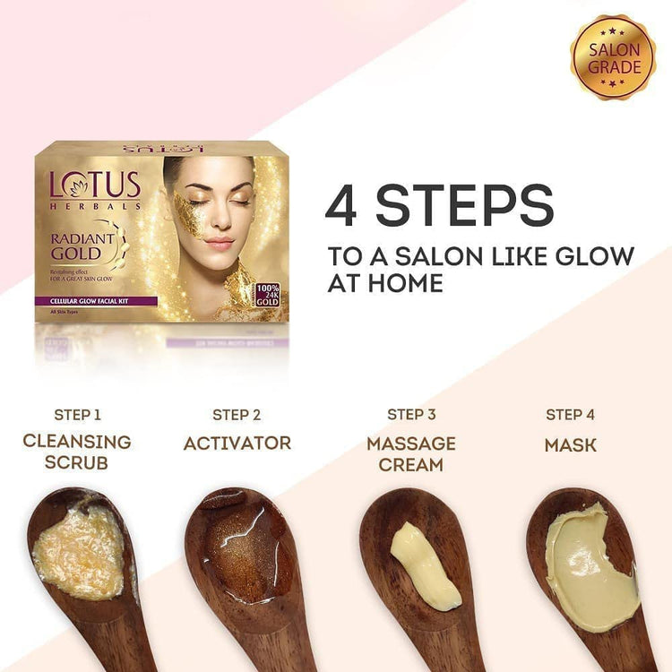 Lotus Herbals Radiant Gold Cellular Glow 1 Facial Kit | With 24K Gold leaves | For Skin Glow | All Skin Types | 37g