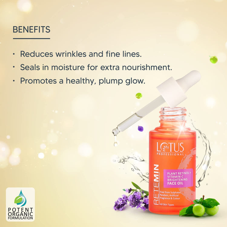 Lotus Retemin Plant Retinol + Vitamin C Brightening Facial Oil | Whitening And Anti-Ageing |Nourishing| Plump Skin|Fine Lines|Paraben Free | 28 Ml