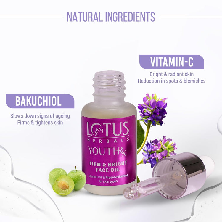 Lotus Herbals YouthRx Firm & Bright Face Oil | Bakuchiol Retinol & Vitamin C | Anti Ageing & Brightening | 15ml