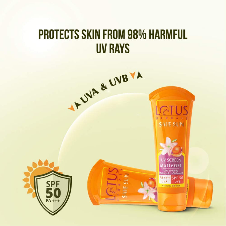 Lotus Herbals Safe Sun Uv Screen Mattegel Ultra Soothing Sunscreen | PA+++ | SPF 50 | Matte Look | Oil Control | For Normal to Oily Skin | 50g (Pack Of 3)