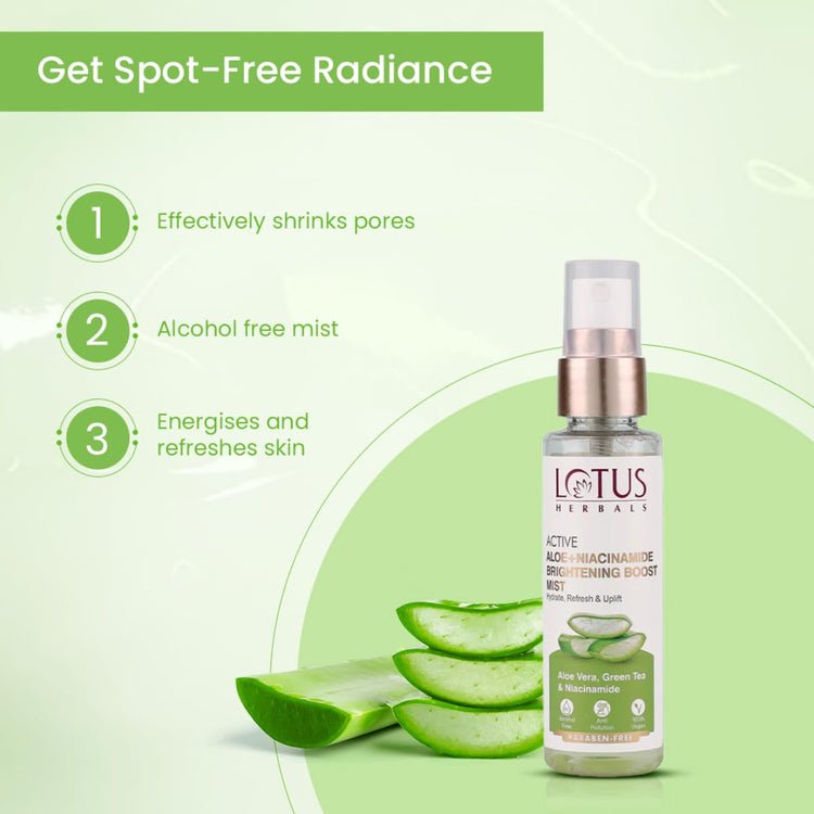 Lotus Herbals Active Aloe + Niacinamide Brightening Lotion Boost Mist|Hydrate, Refresh& Uplift|Paraben Free|All Skin Types|50Ml