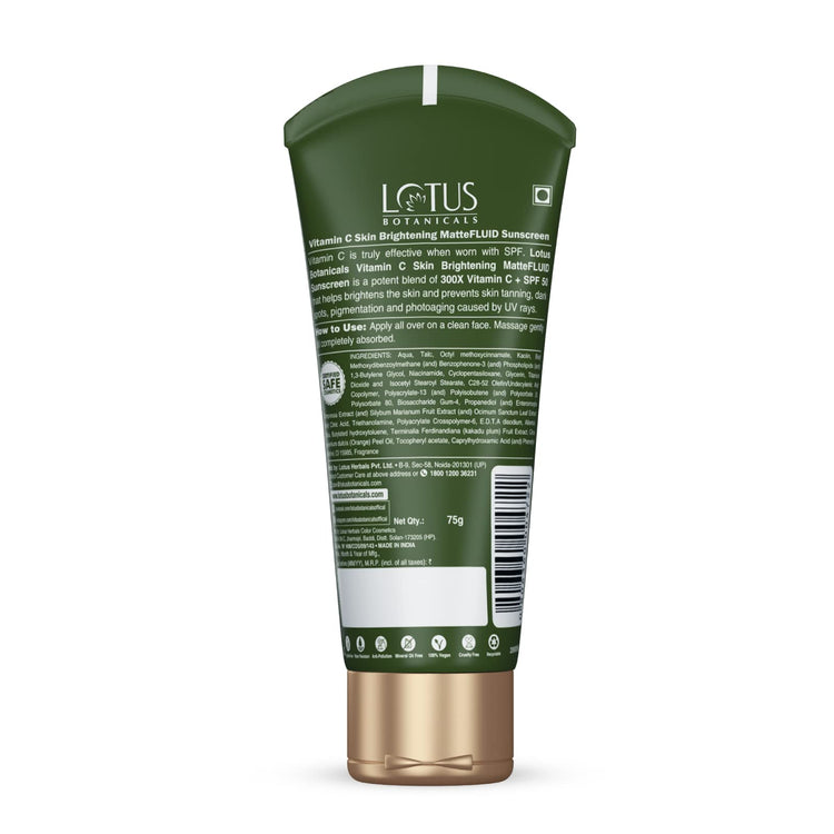 Lotus Botanicals Vitamin C Skin Brightening MatteFluid Sunscreen | SPF 50 | PA+++ | 100x Vitamin C | Protects from Sun, UV Rays | Brightens Skin | No White Cast | Water Resistant | No Preservatives