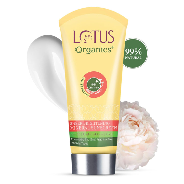 Lotus Organics+ Sheer Brightening Mineral Sunscreen | Non Greasy & Lightweight | SPF 50 | PA+++ | 50g