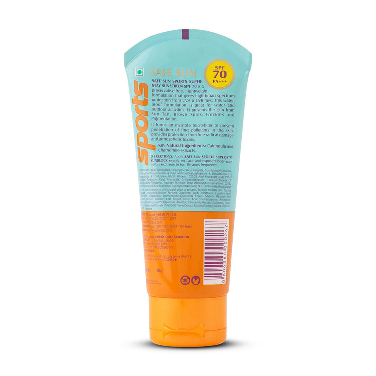 Lotus Herbals Safe Sun Sports Super Stay Sunscreen Cream For Dry Skin Spf 70 Pa+++, Sweat & Waterproof , Preservatives Free, 80G,1 Count