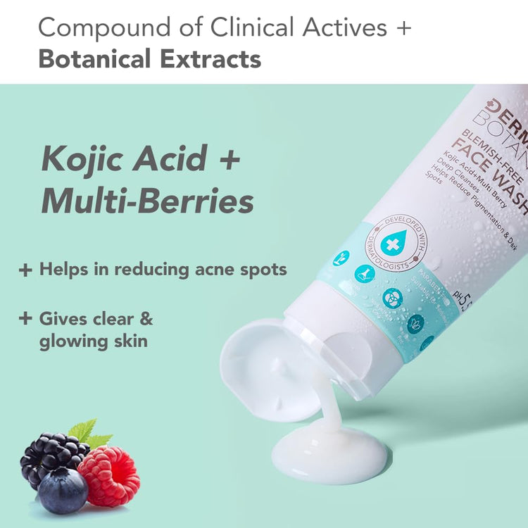 Lotus DermaBotanics Kojic Acid + Multi Berry Blemish - Free Face Wash | Reduces Pigmentation, Acne & Dark Spots | Made with Dermatologists, pH 5.5 | Non-irritating | Suitable for Sensitive Skin | 100g