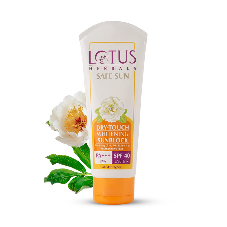 Lotus Herbals Safe Sun Dry-Touch Whitening Sunblock | Matte Texture | SPF 40 | PA+++ | Preservative Free | 50g
