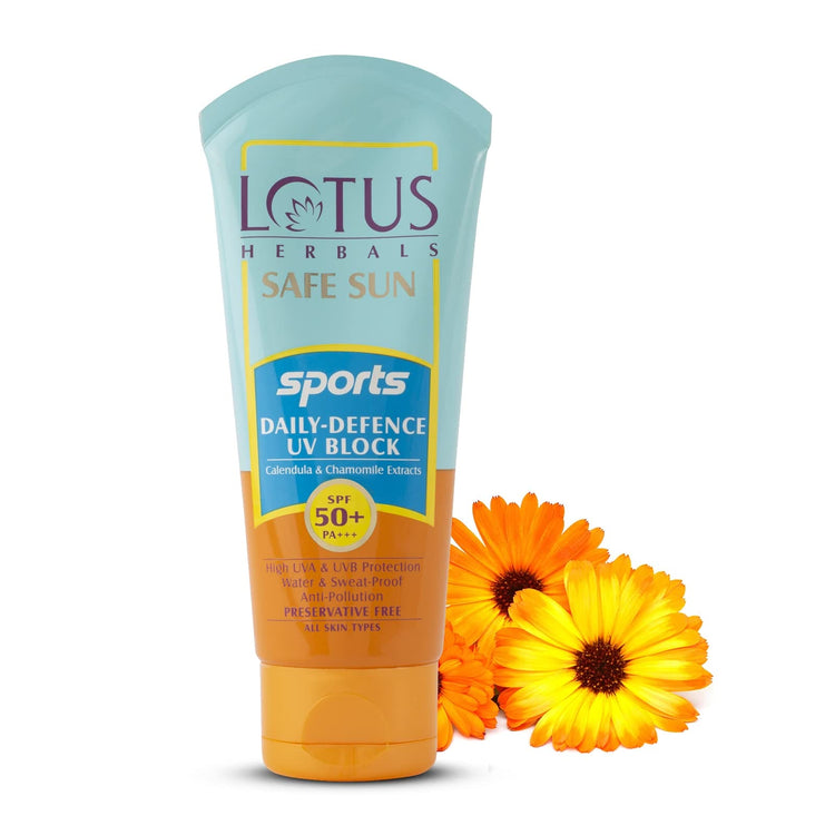 Lotus Herbals Safe Sun Sports Daily-Defence Sunblock for Normal Skin | SPF 50 | PA+++ | Preservative Free | Anti-Pollution | 80g